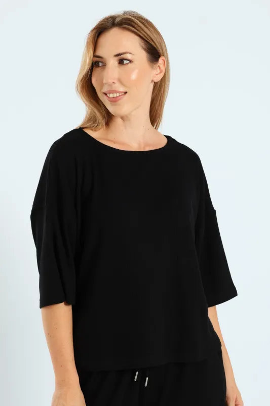3/4 Sleeve Dolman Waffle Top - Black sold by Edgars