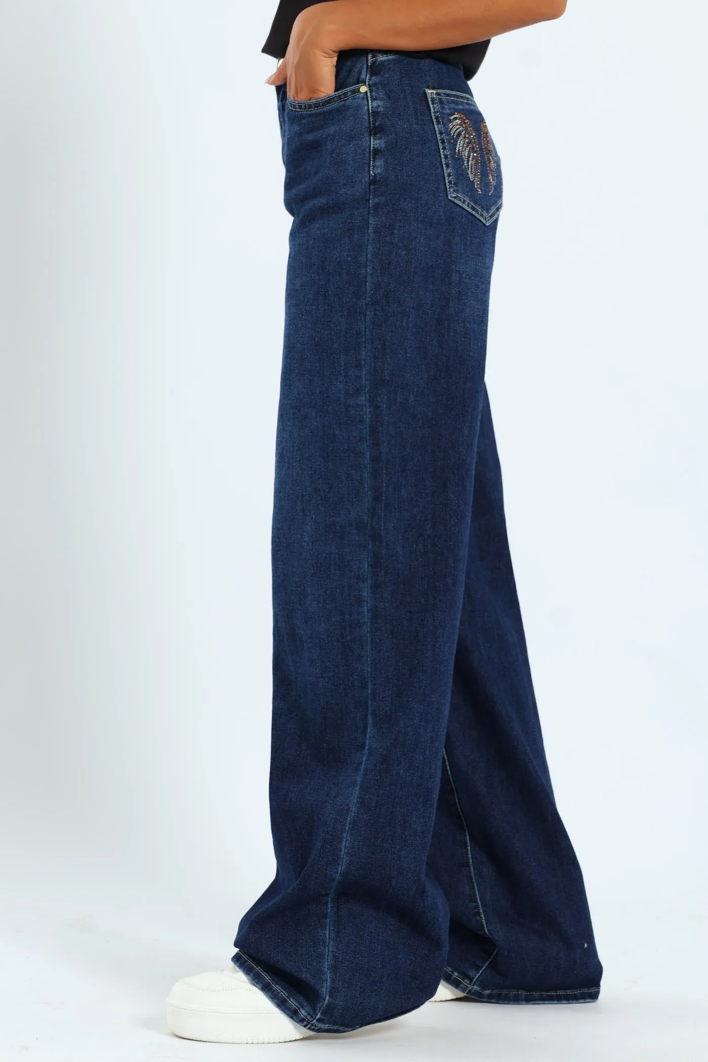 High Waist Wide Leg Denim With Wings On Pocket - Raw Wash sold by Edgars product image thumbnail 3