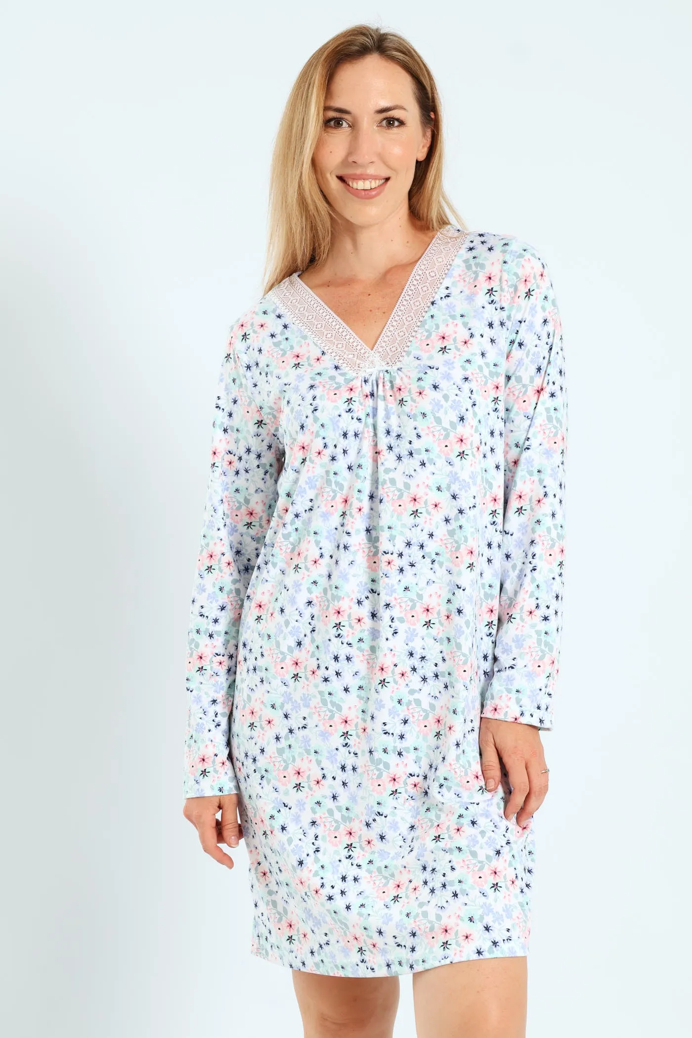 2 Pack Lace Detail Ditsy Floral Sleepshirts - White/Blue sold by Edgars