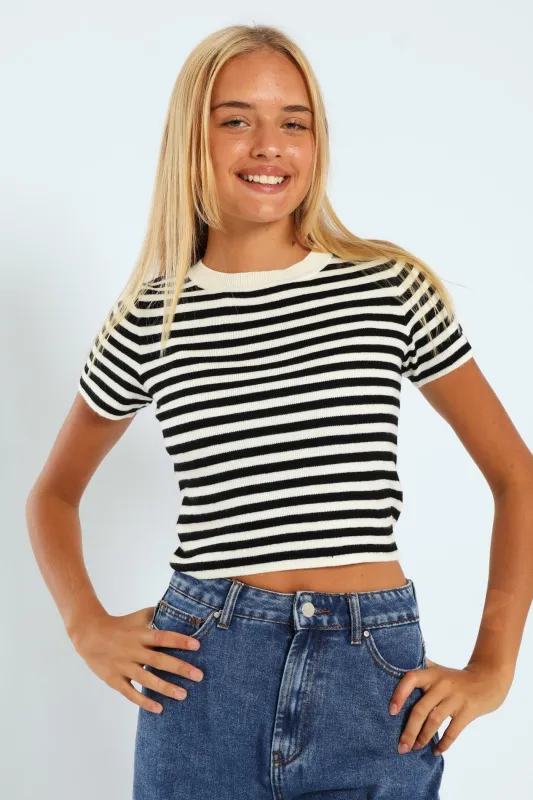 Girls Short Sleeve Stripe Crew Top - Cream/Black sold by Edgars