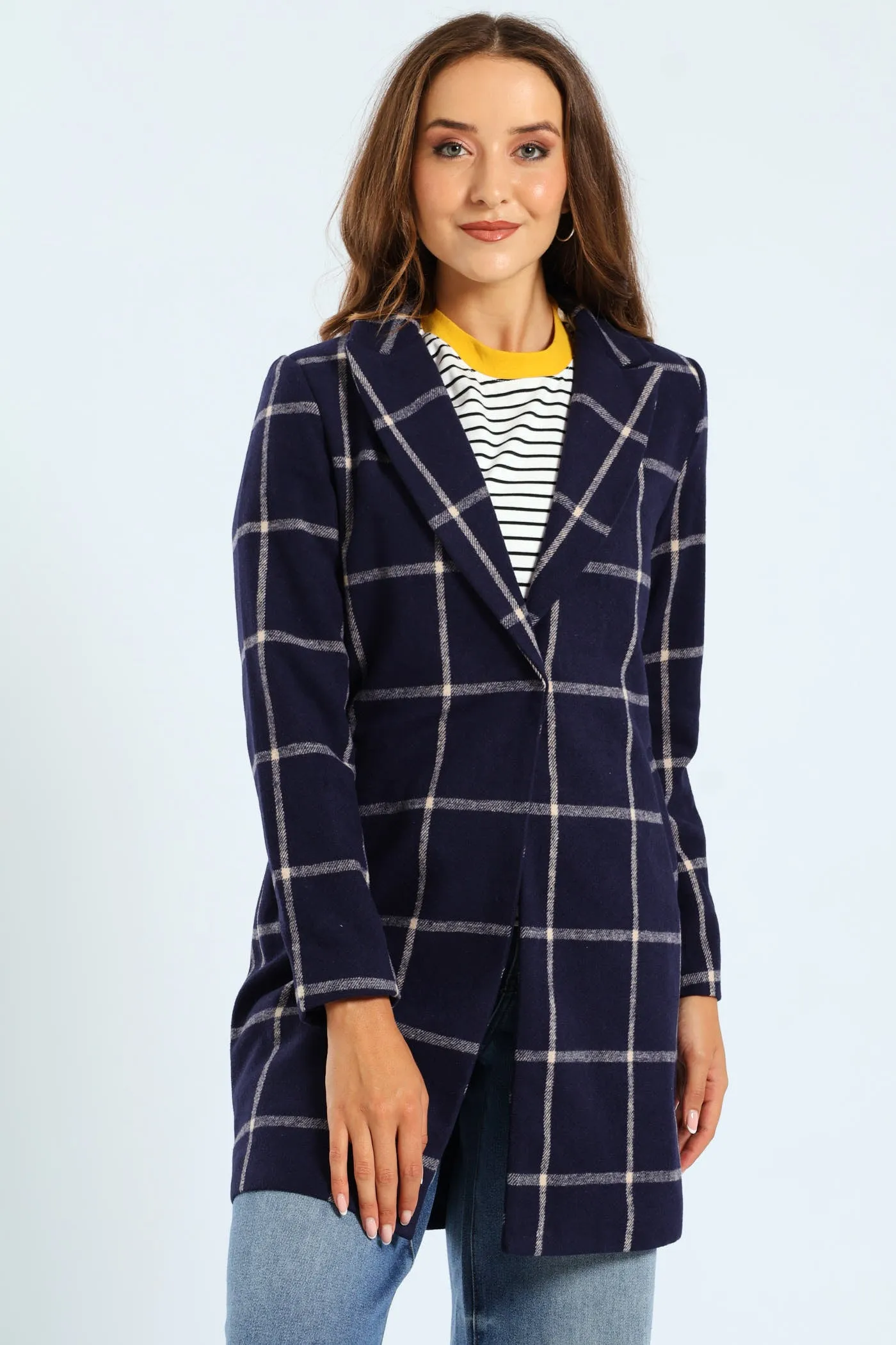 Charlotte Grid Check Single Breasted Coat - Navy sold by Edgars