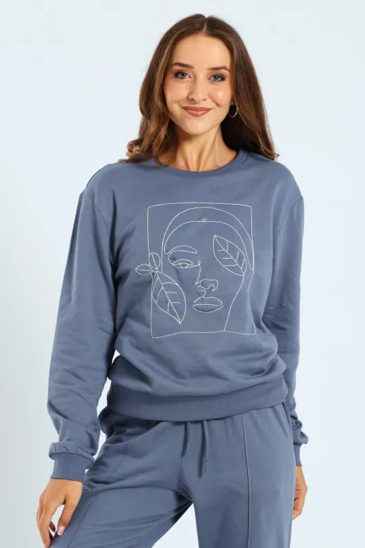 Embroidered Face Outline Pullover - Smokey Blue sold by Edgars 