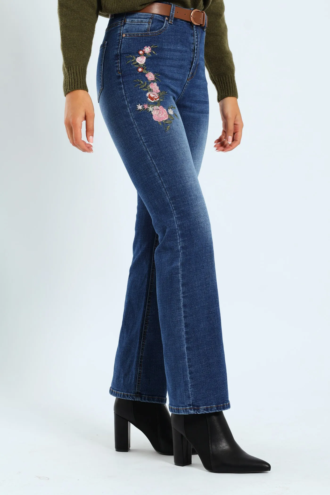 Floral Embroidered Bootleg Belted Jean - Medium Wash sold by Edgars product image thumbnail 3