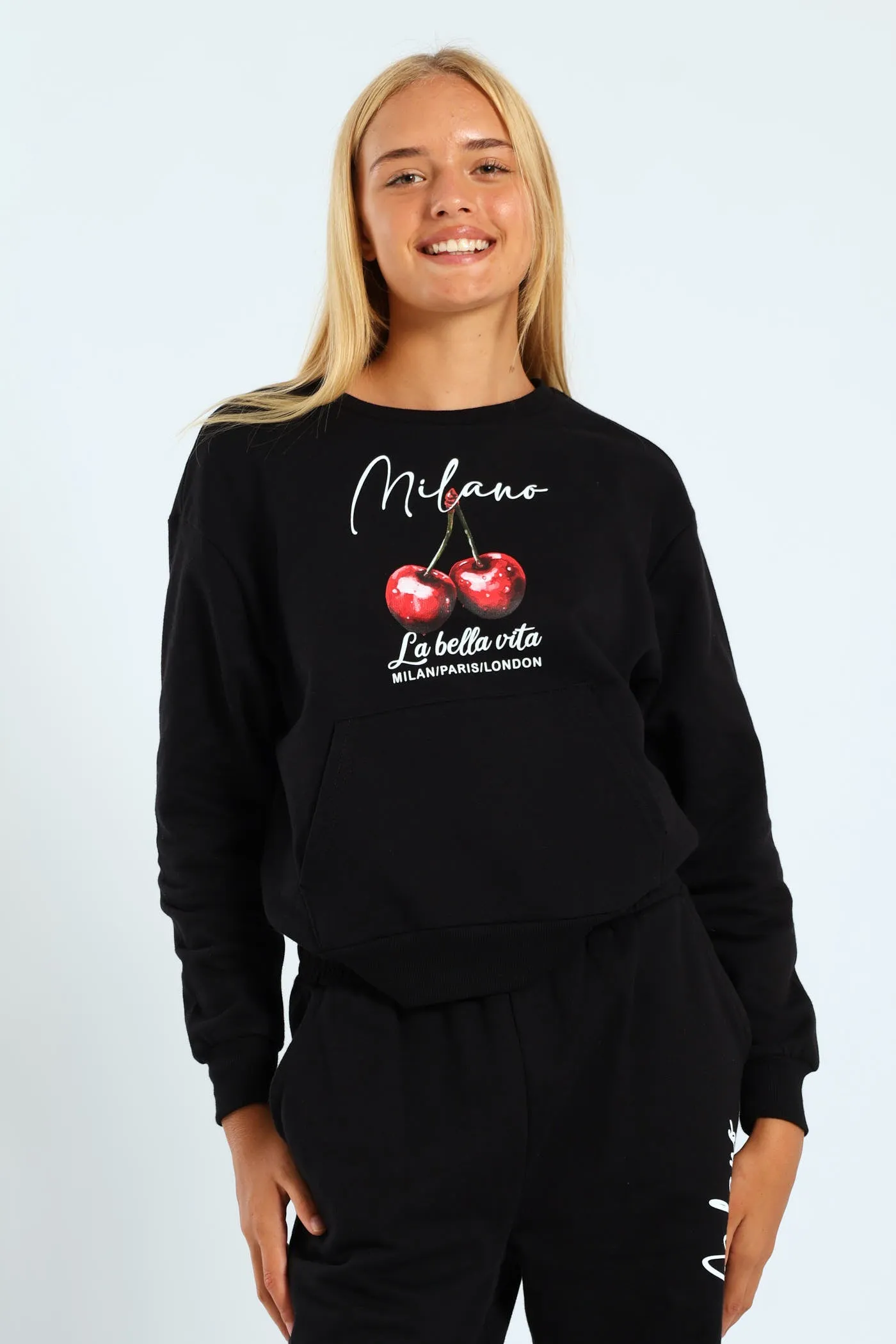 Girls Cherry Fleece Crew Top - Black sold by Edgars