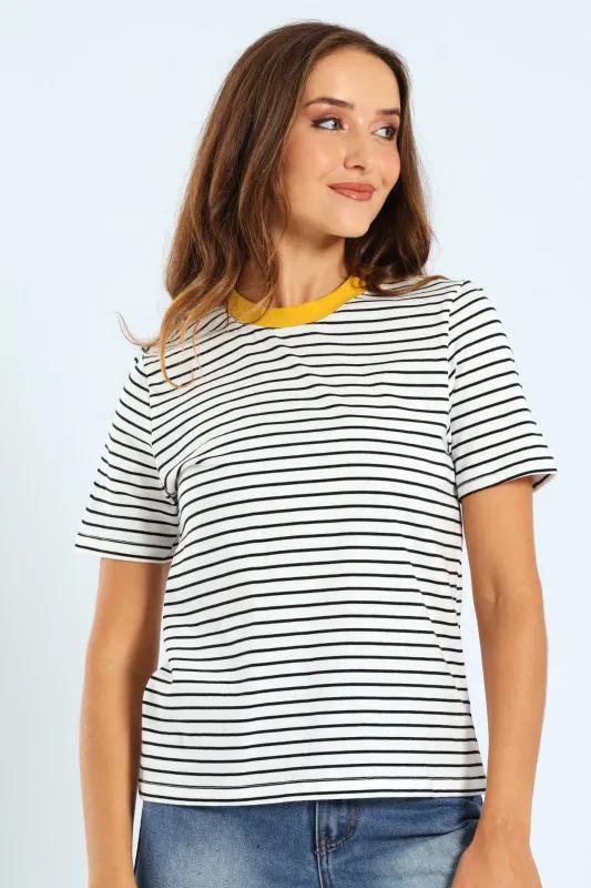 Boxy Skinny Stripe Tee With Contrast Rib Detail - Black/White sold by Edgars 