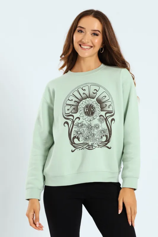 Shine On Poster Crew Top - Light Green sold by Edgars