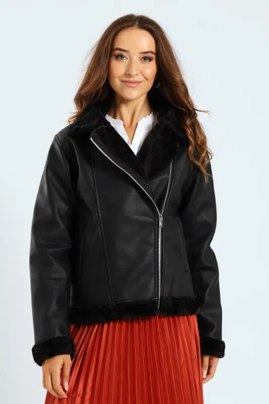 Tonal Fur Lined PU Aviator Jacket - Black sold by Edgars