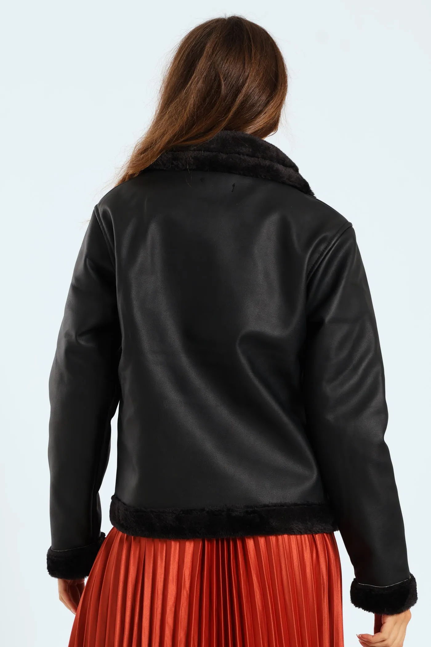 Tonal Fur Lined PU Aviator Jacket - Black sold by Edgars product image thumbnail 4