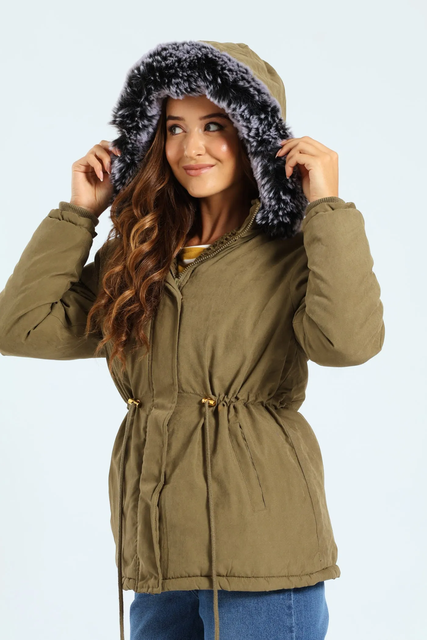 Sherpa Lined Parker With Contrast Detachable Fur Hood - Army Green sold by Edgars
