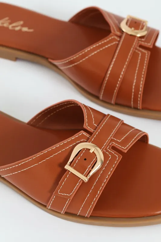 Square Toe Buckle Mule Sandal - Tan sold by Edgars 