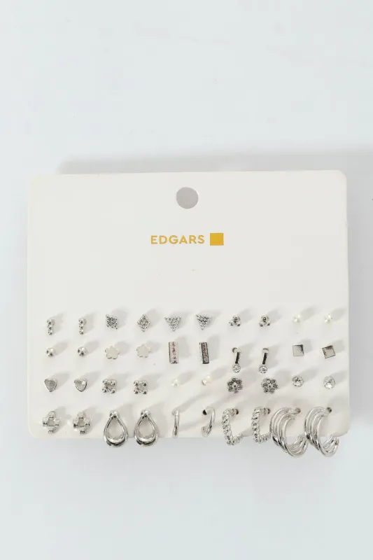 20 Pack Floral Stud Small Hoop Earrings - Silver sold by Edgars