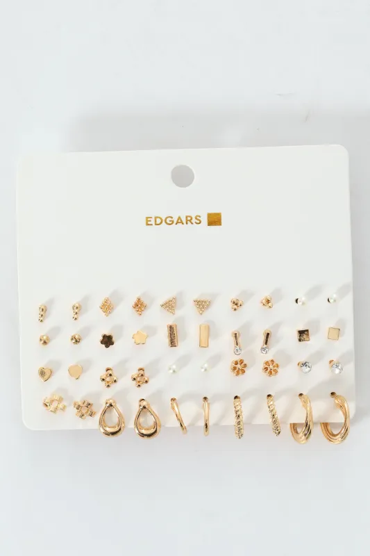 20 Pack Floral Stud Small Hoop Earrings - Gold sold by Edgars 