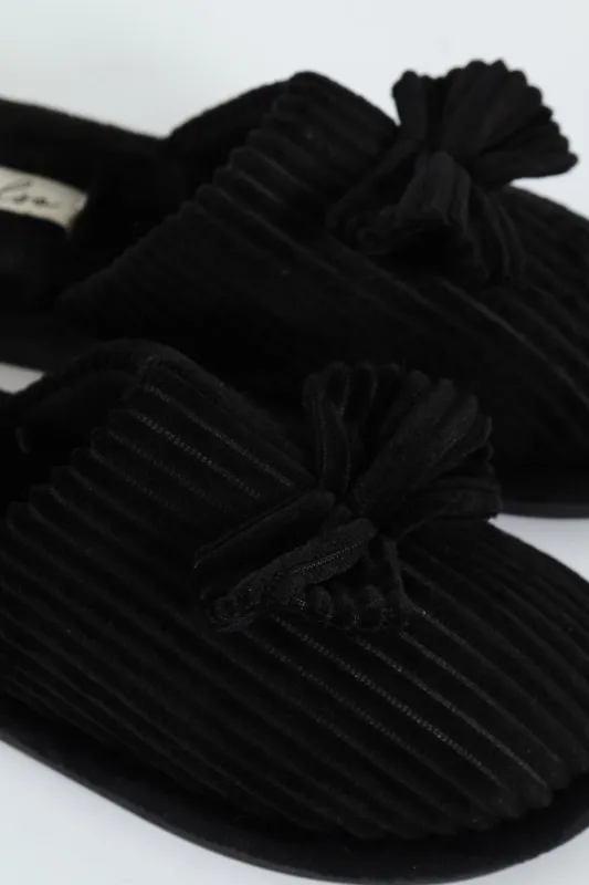 Corduroy Closed Toe Slipper With Bow Detail - Black sold by Edgars 