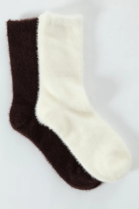 2 Pack Plain Cosy Fluffy Socks - Mid Brown sold by Edgars 
