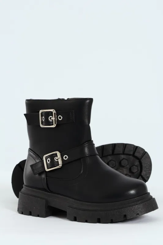 Girls PU Biker Boot - Black sold by Edgars 