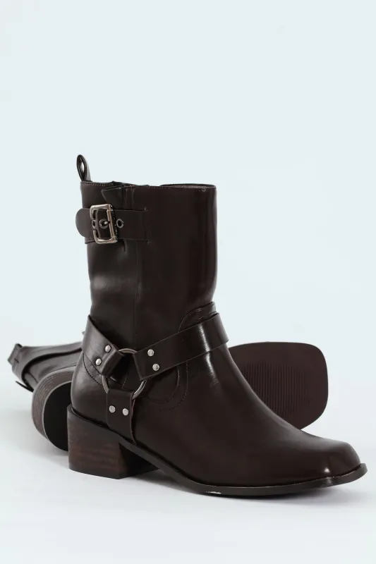 Belted Chunky Military Boot - Chocolate sold by Edgars