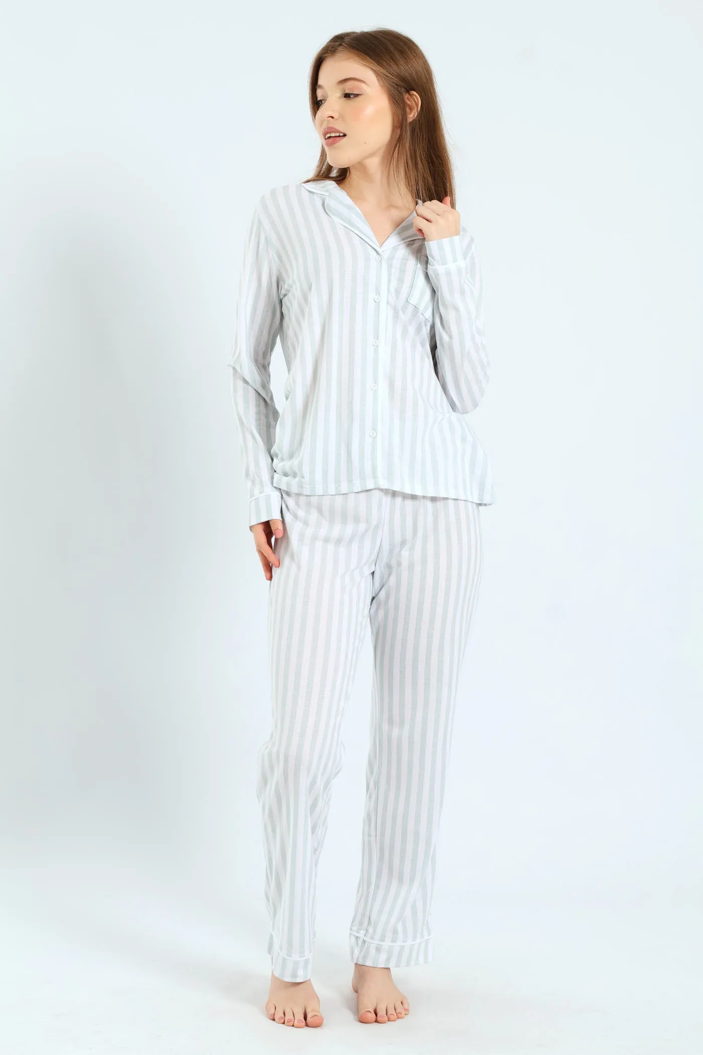 Long Sleeve Button Through & Pants Stripe Knit Set - Duck Egg sold by Edgars
