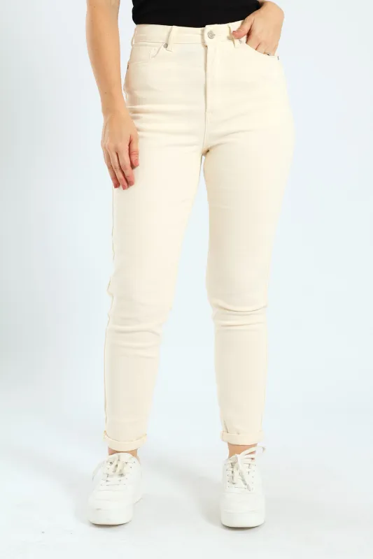 High Rise & Roll Hem Mom Jean - Ecru sold by Edgars
