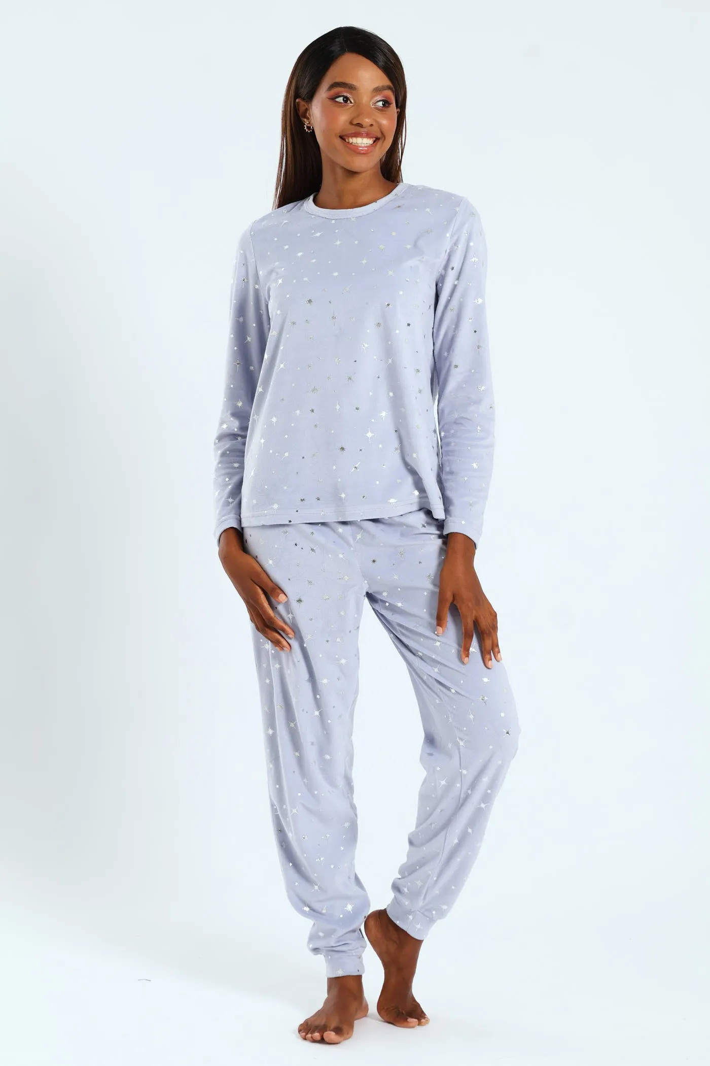 Long Sleeve Velour Embossed Star Top & Pants Set - Light Blue sold by Edgars