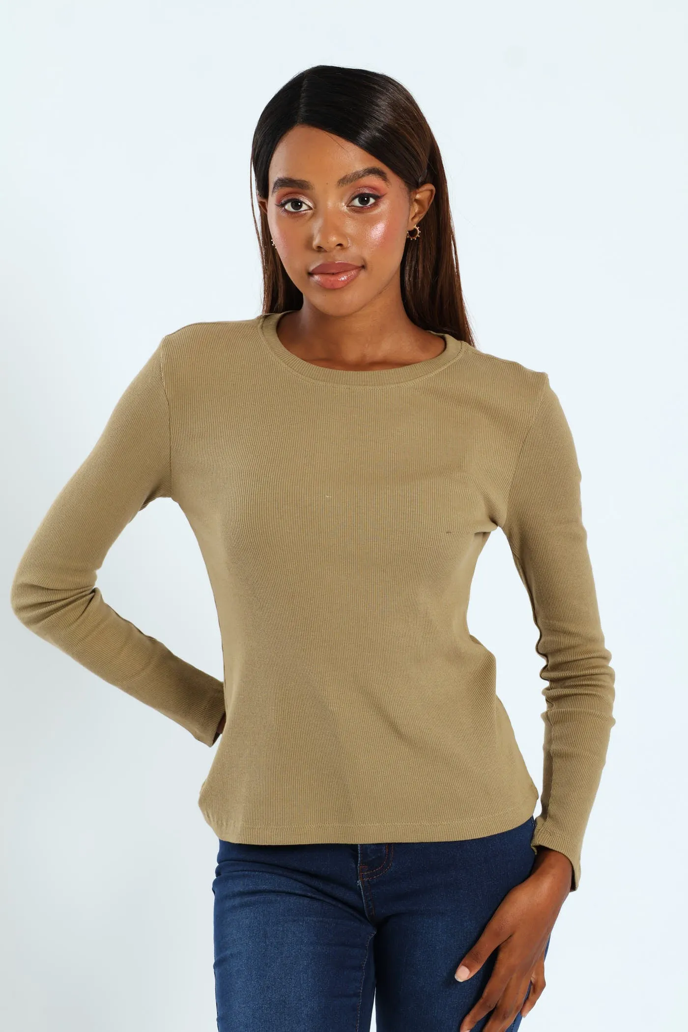 Long Sleeve Rib Crew Top - Moss Green sold by Edgars