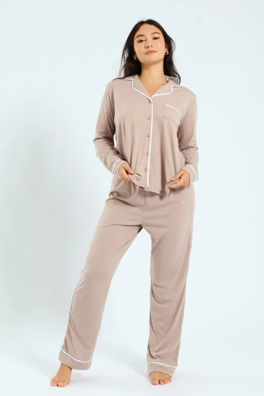 Long Sleeve Button Through & Pants Knit Set - Light Brown sold by Edgars