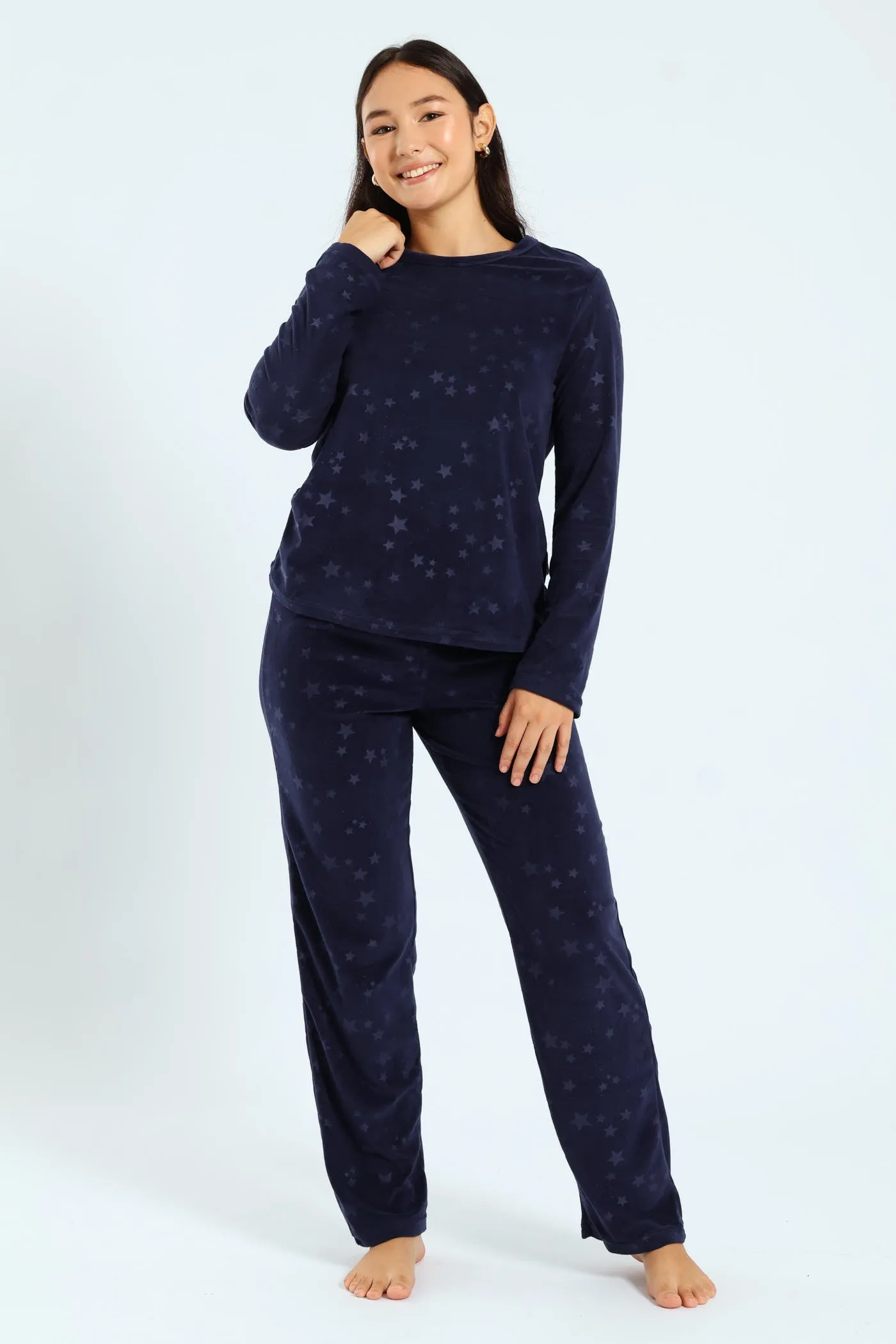 Long Sleeve Embossed Stars Top & Pants Set - Navy sold by Edgars