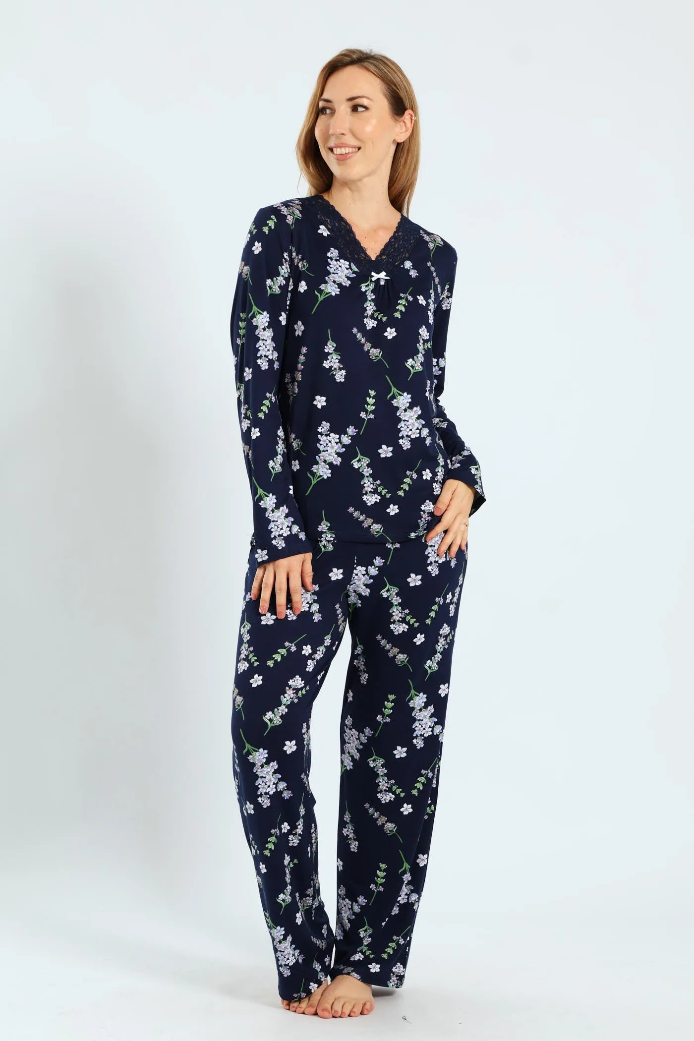 Soft Touch Lace Detail Top & Pants Set - Navy sold by Edgars