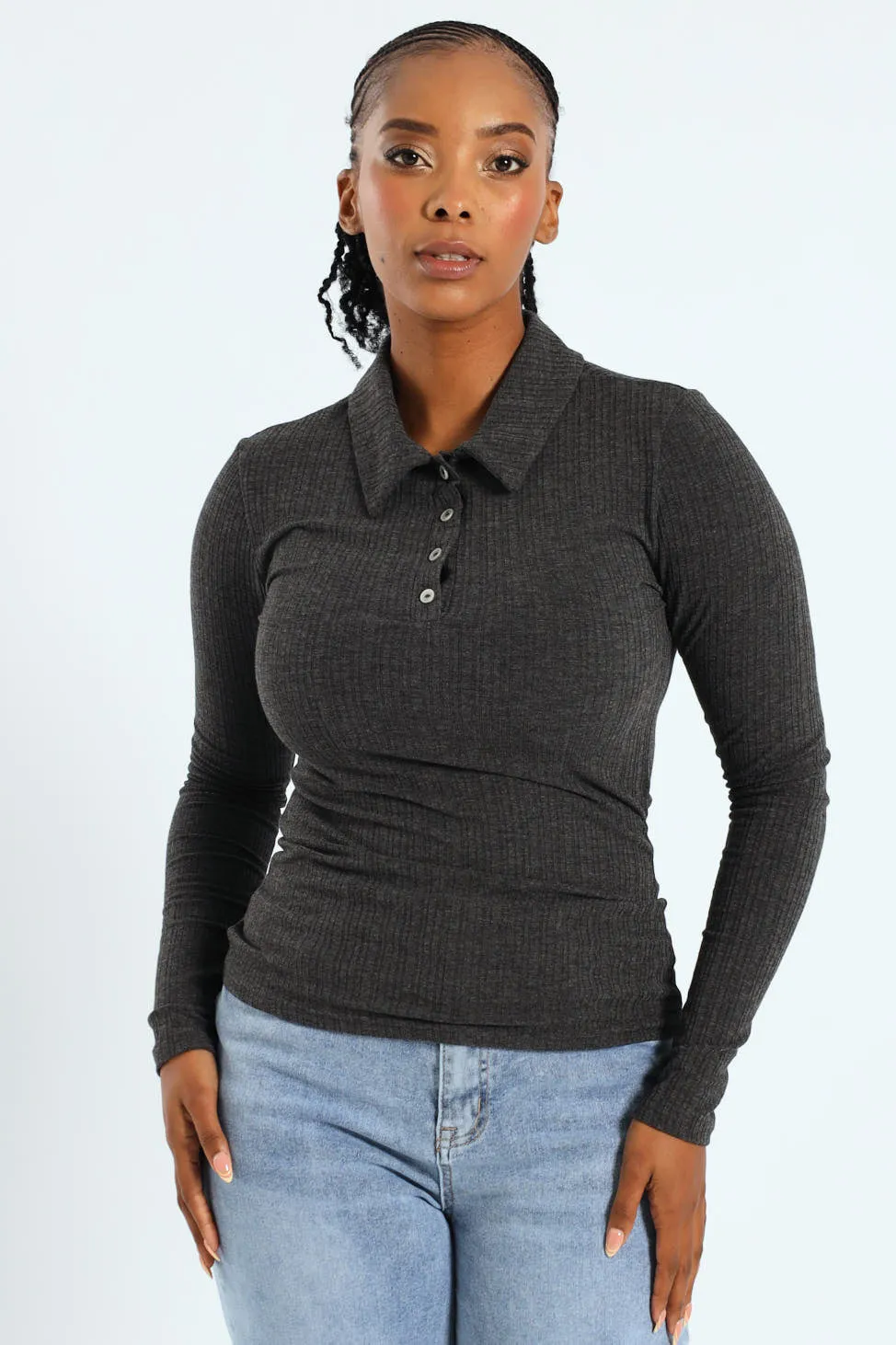 Half Placket Button Detail Rib Golfer Tee - Grey Melange sold by Edgars