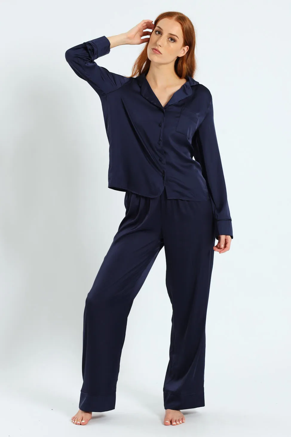 Long Sleeve Satin Button Through Top & Pant Set - Navy sold by Edgars