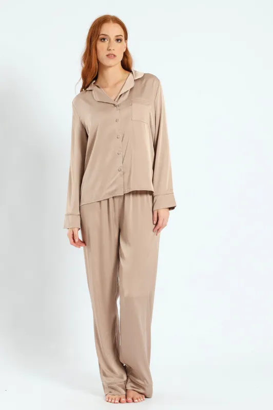 Long Sleeve Satin Button Through Top & Pants Set - Light Stone sold by Edgars