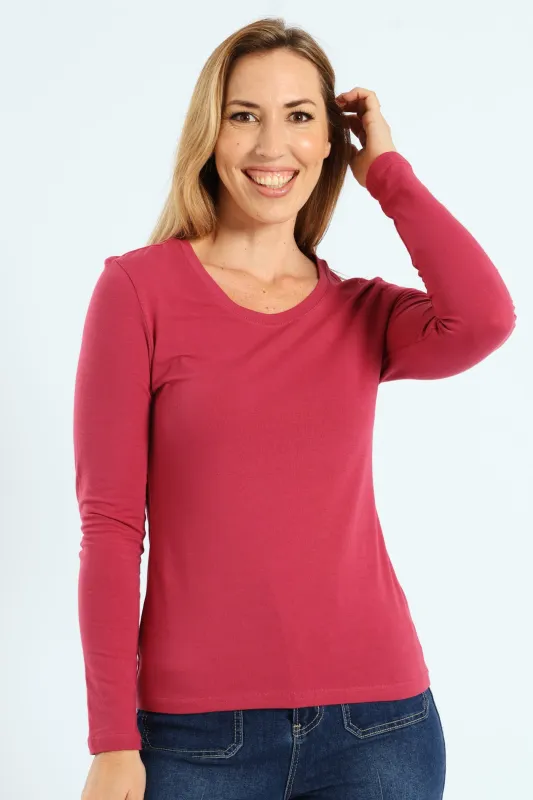 Long Sleeve Cotton Lycra Crew Top - Dry Rose sold by Edgars 