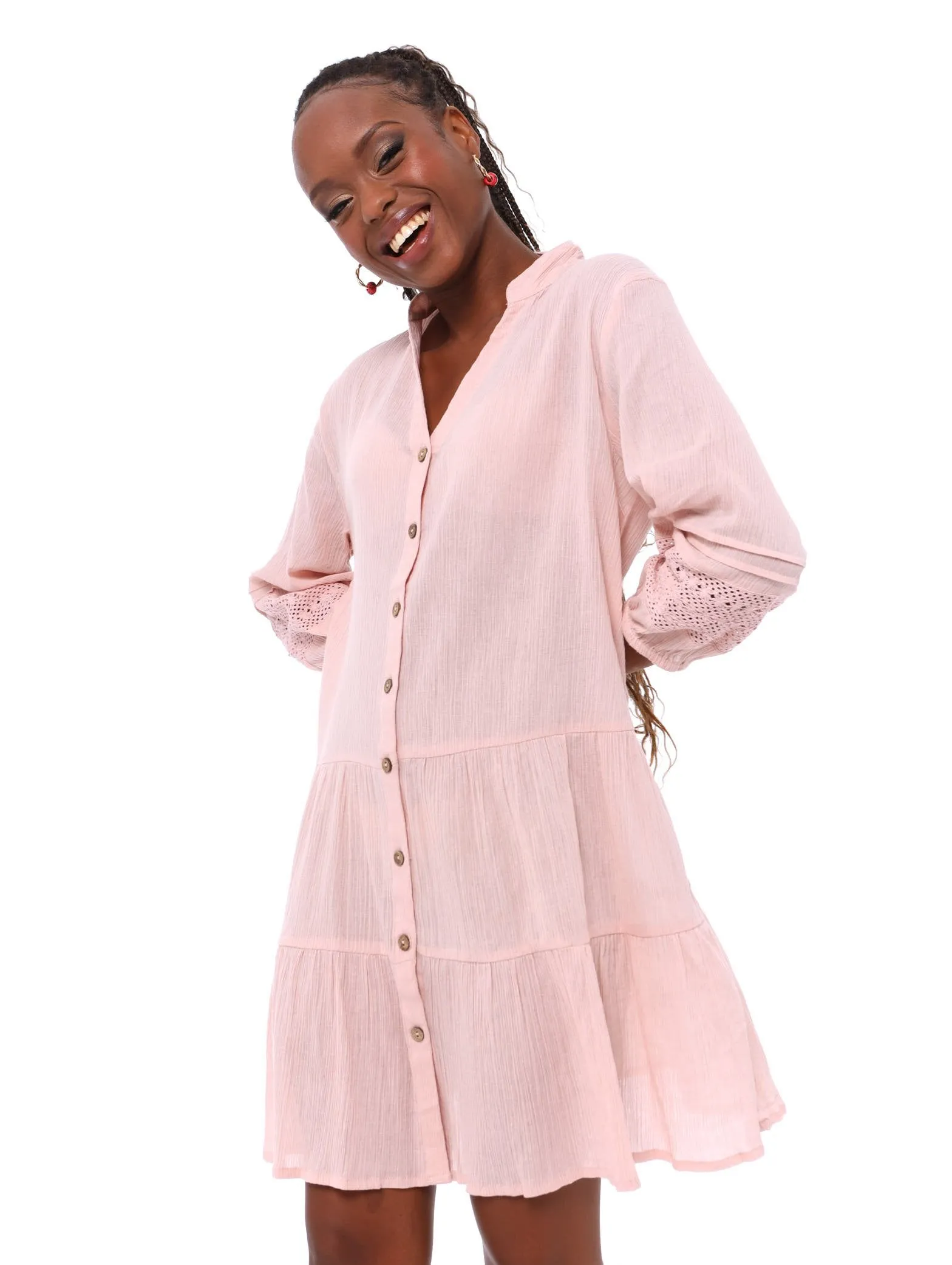 Ladies Boho Slub Tiered Dress - Blush sold by Edgars