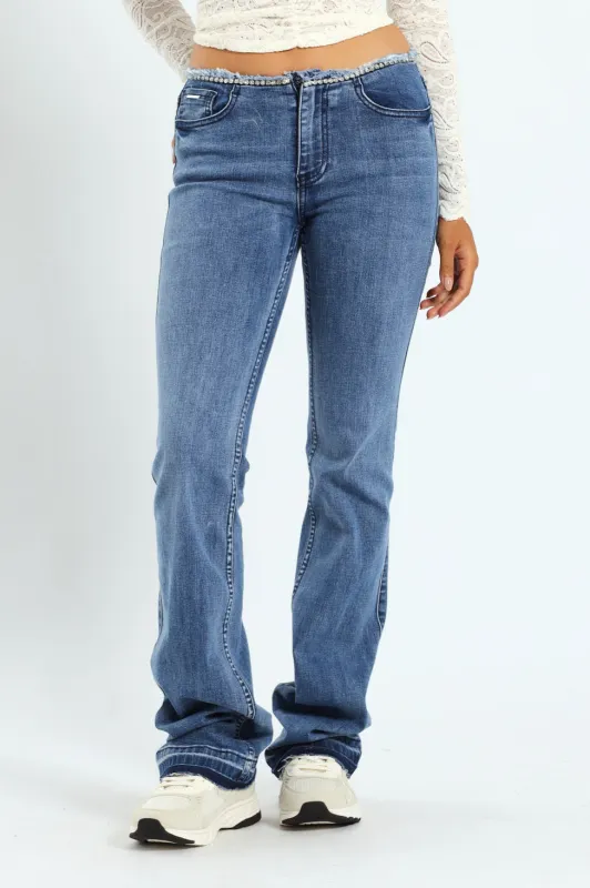 Nina Low Waist Flare Leg Jean With Diamante Waist - Med Wash sold by Edgars