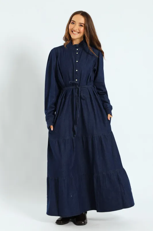 Frill Neck Tiered Belted Maxi Dress sold by Edgars