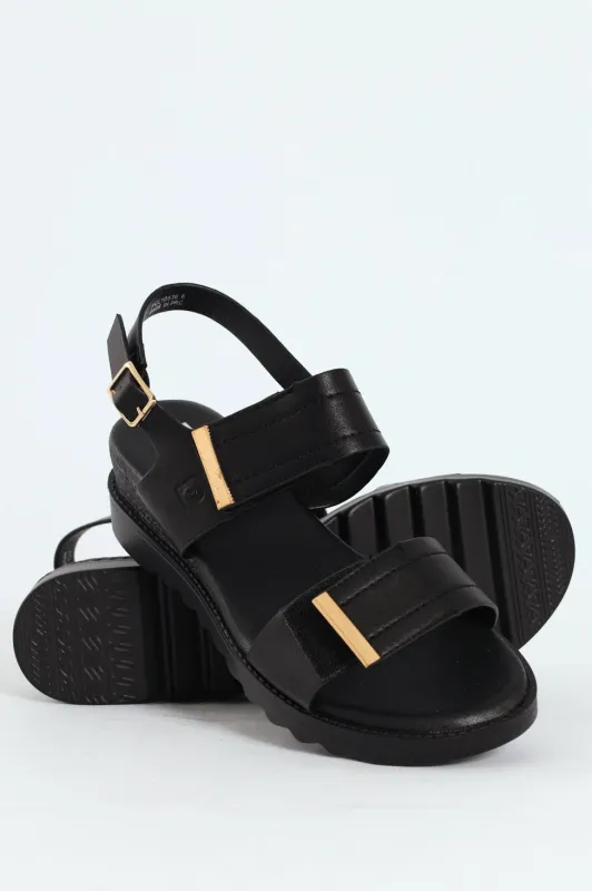 Pertel Double Strap Sport Sandal With Gold Trim - Black sold by Edgars 