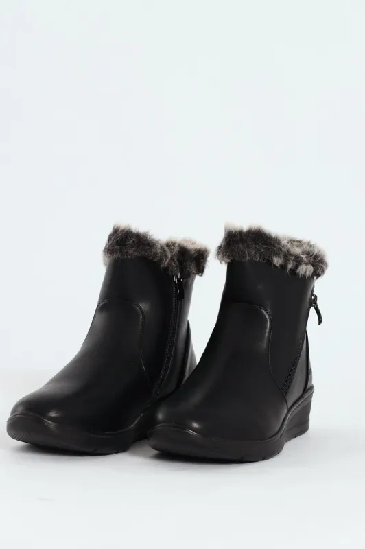 Fur Cuff Side Zip Mid Wedge Ankle Boot - Black sold by Edgars