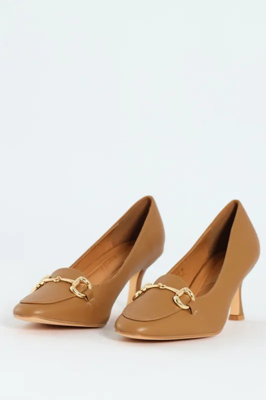 Juliet Almond Toe Juliet Horsebit Kitten Court Heel - Camel sold by Edgars