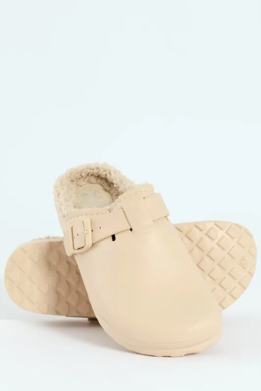 Desi Fur Lined Buckle Slip On Mule - Natural sold by Edgars