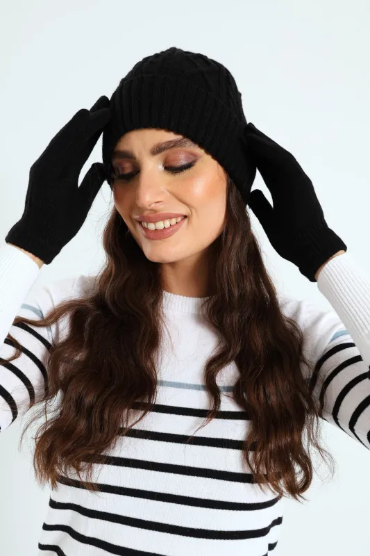 Cable Knit Turn Up Beanie & Glove Set - Black sold by Edgars