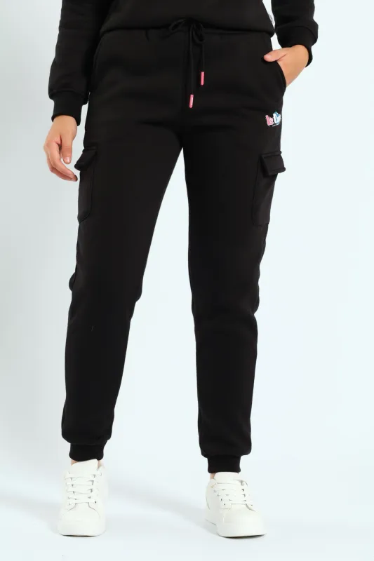 Girls Fleece Cargo Joggers - Black sold by Edgars