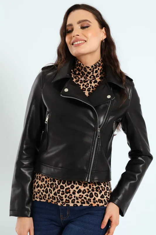 Pu Biker Jacket With Epaulettes - Black sold by Edgars
