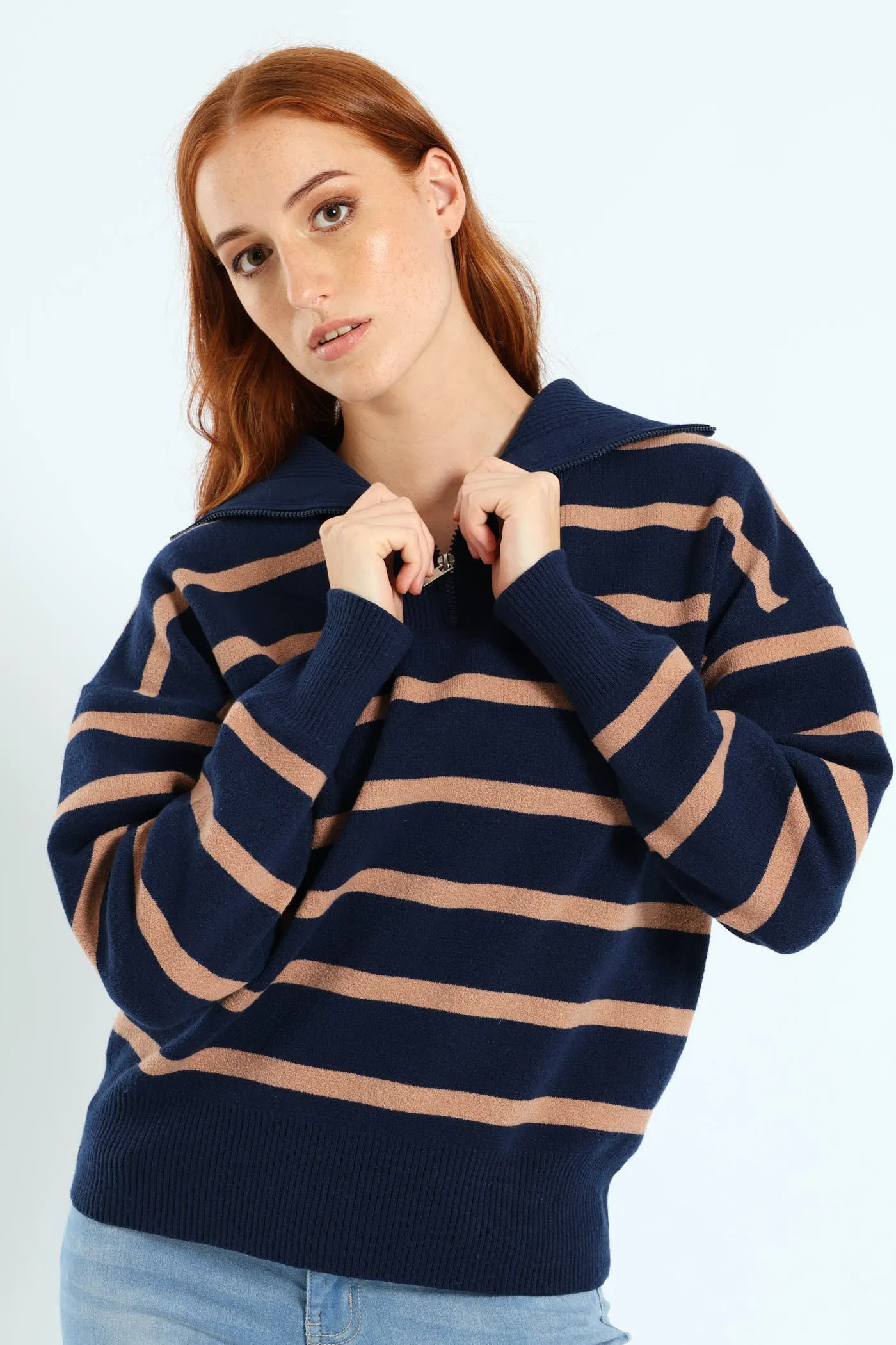 Funnel Neck Pullover With Zip - Navy/Brown sold by Edgars