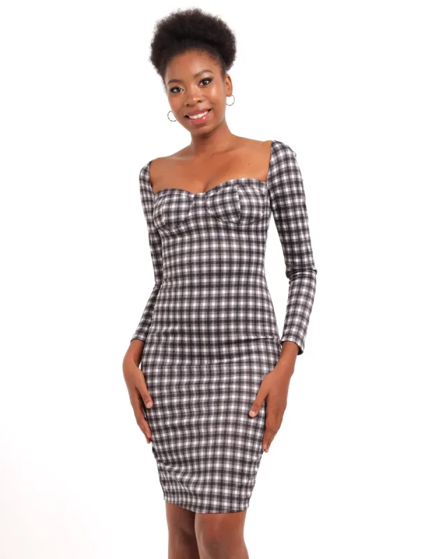 Ladies Bustier Look Check Bodycon Dress - Black/White sold by Edgars
