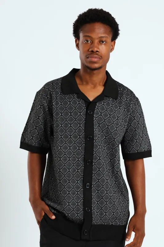 Short Sleeve Button Through Knit Shirt - Black/White sold by Edgars 