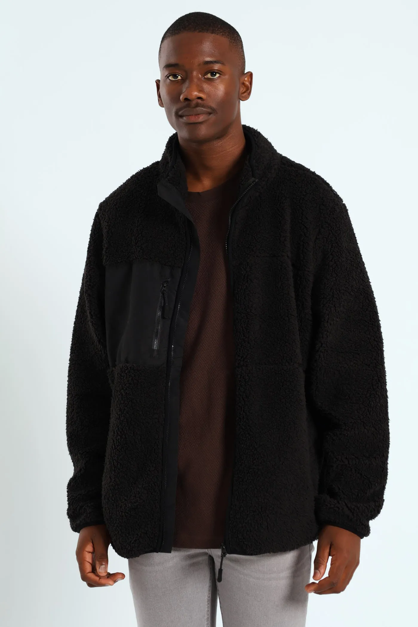 Borg Nylon Zip Through Jacket - Black sold by Edgars