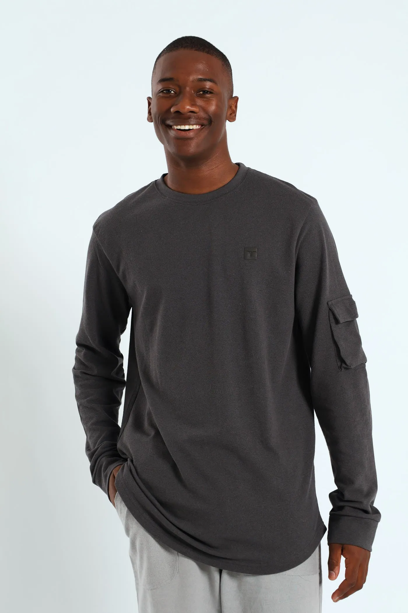 Utility Curved Hem Long Sleeve Tee - Charcoal sold by Edgars