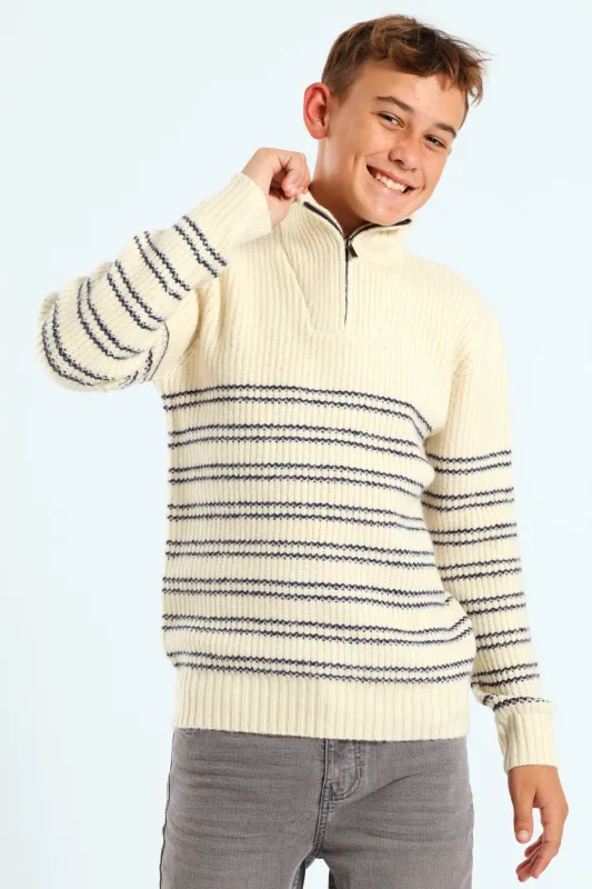 Boys Quarter Zip Stripe Knit Pullover - Cream sold by Edgars