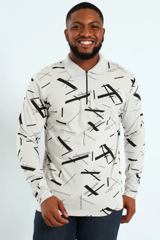 Long Sleeve Printed Zip Geo Golfer - Grey sold by Edgars