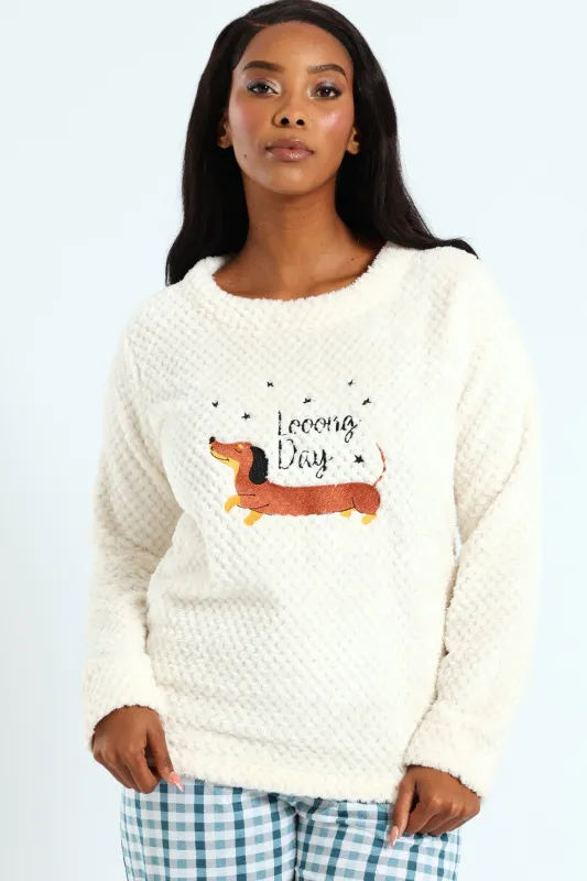 Fluffy Embroidered Long Day Pullover - White sold by Edgars