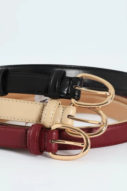 3 Pack Gold Buckle Belts - Black/Taupe/Burgundy sold by Edgars 